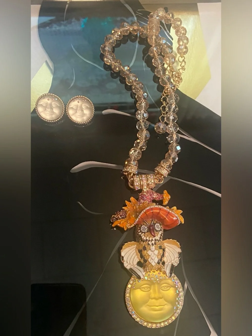 Kirks Folly Moon & Owl Magnetic Pendant/Necklace & Moon Earrings #81